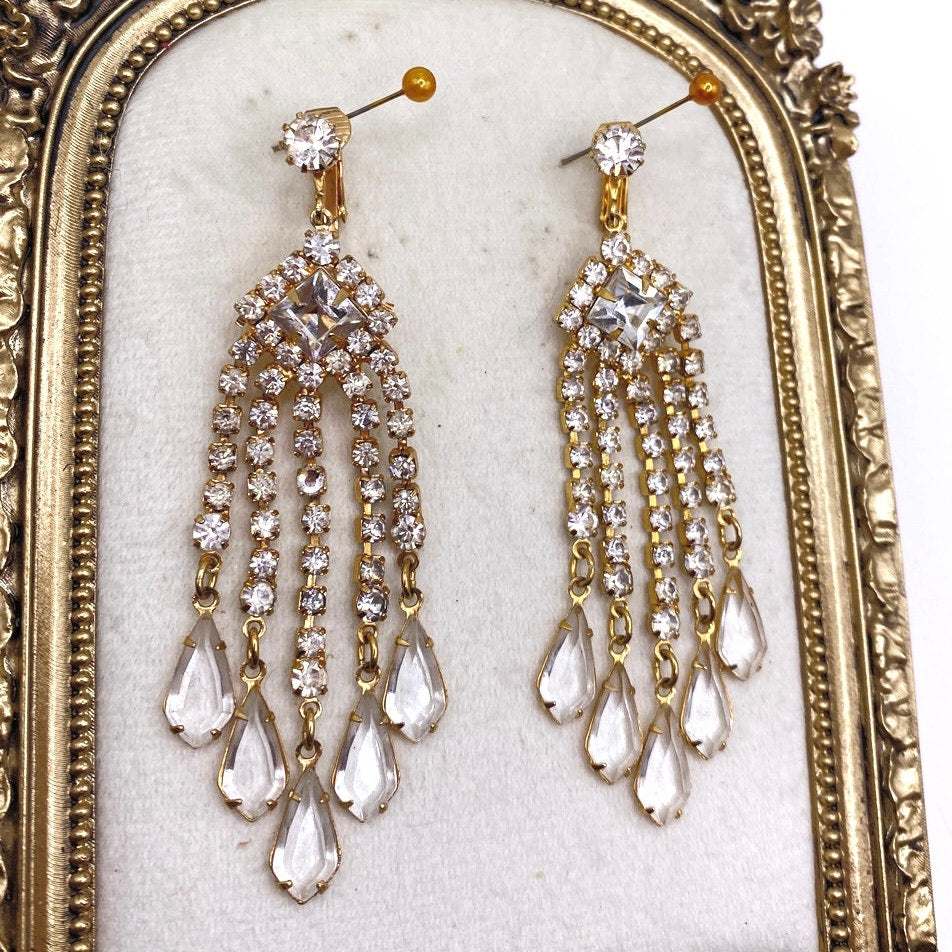 Vintage Glass and Rhinestones Chandelier Clip On Earrings 3"