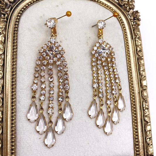 Vintage Glass and Rhinestones Chandelier Clip On Earrings 3"