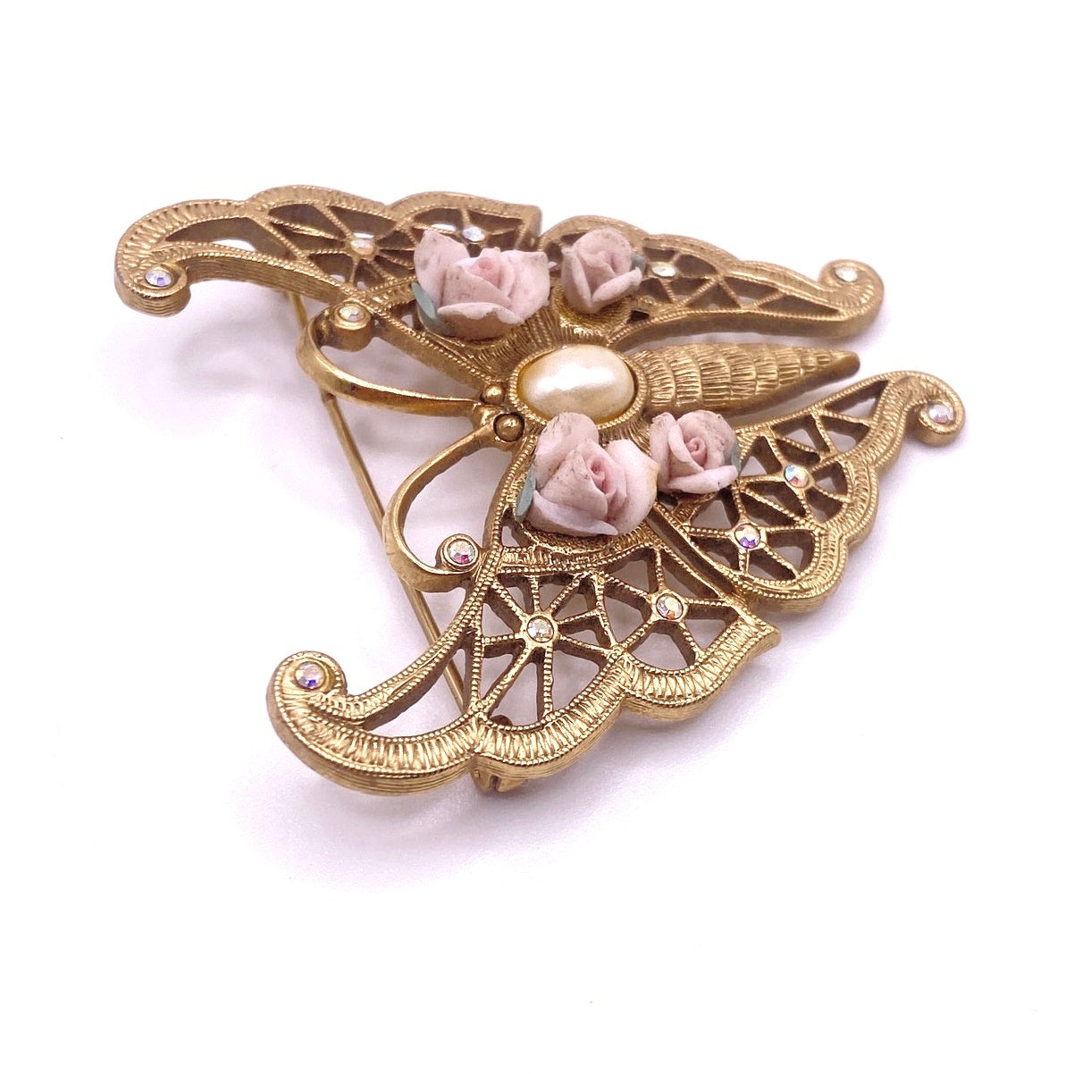 Vintage Gold Tone Butterfly with Ceramic Flowers