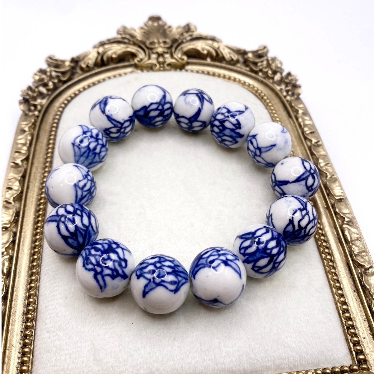 Vintage Chinese Hand-painted Ceramic Beads Stretchy Bracelet 6-7”