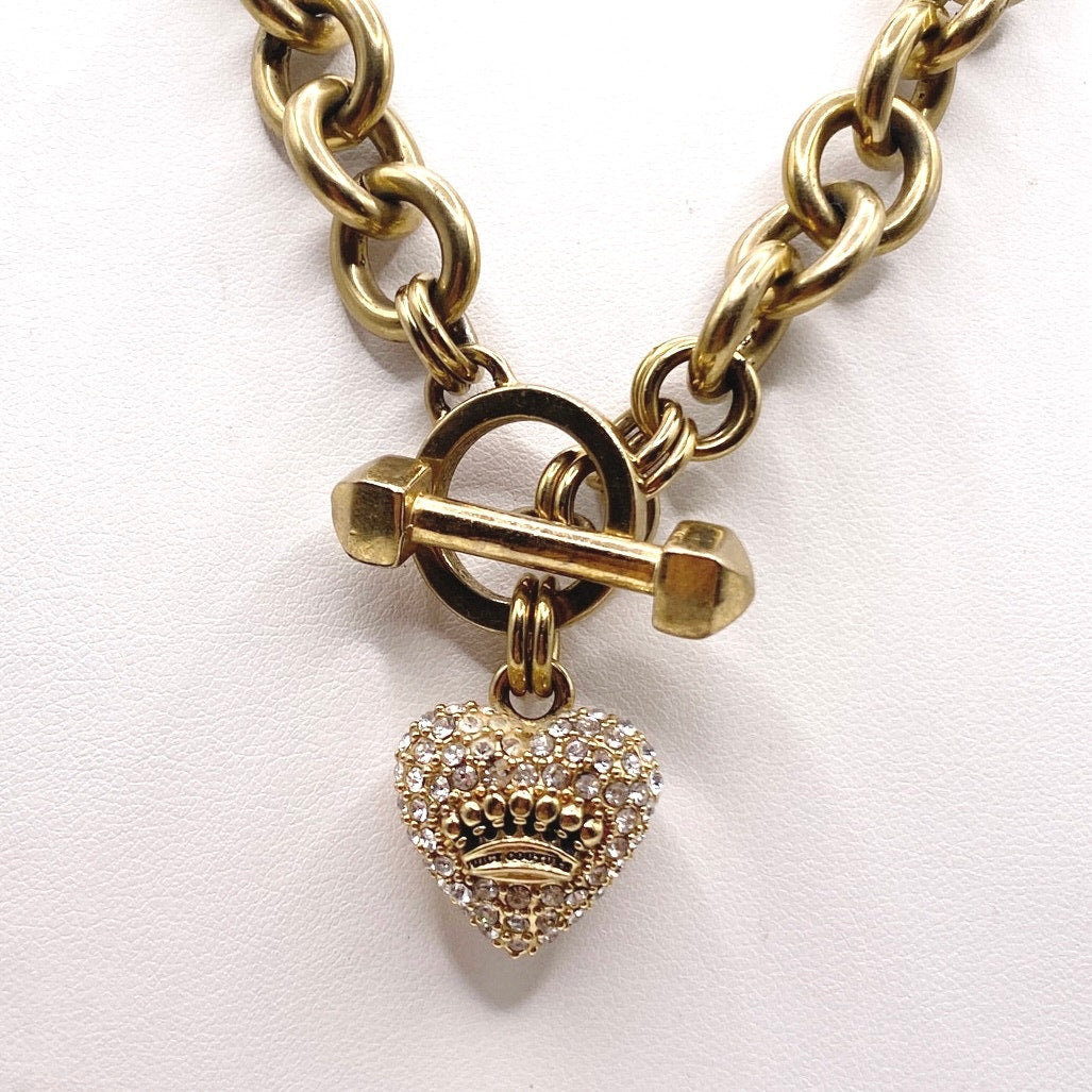 Juicy Couture Vintage Gold Tone Necklace Rhinestone Heart Pendant Toggle Closure
