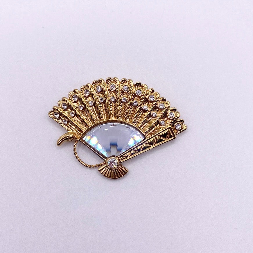 Swarovski Signed Vintage Brooch Fan With Crystals