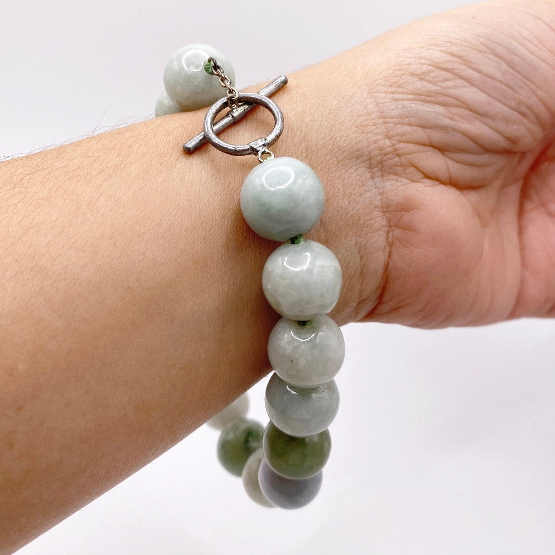 Burmese Jadeite Jade Beaded Bracelet With a Metal Toggle clasp 9”