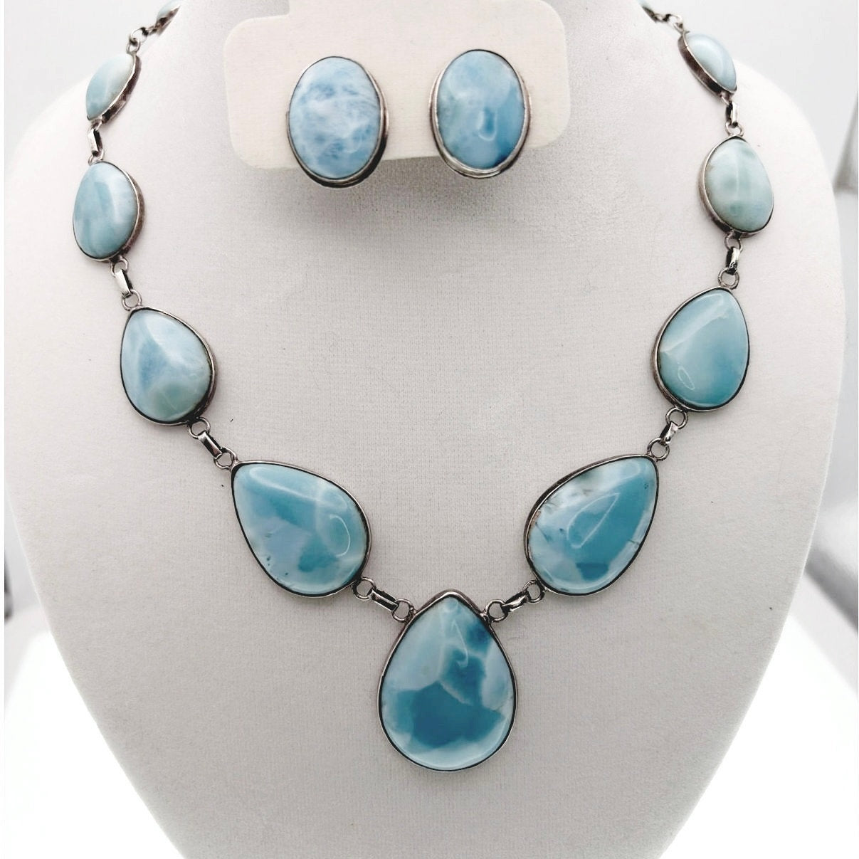 Sterling Silver And Larimar Gemstones Necklace 18” and Clip on Earrings Set