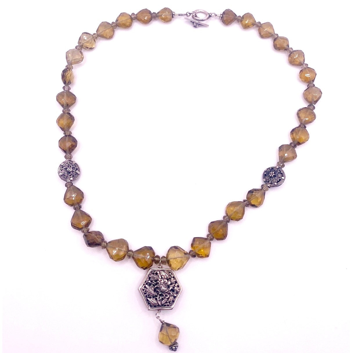 Smoky Quartz Gemstones Necklace with Art Nouveau Floral Beads 15”