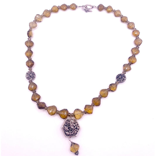 Smoky Quartz Gemstones Necklace with Art Nouveau Floral Beads 15”