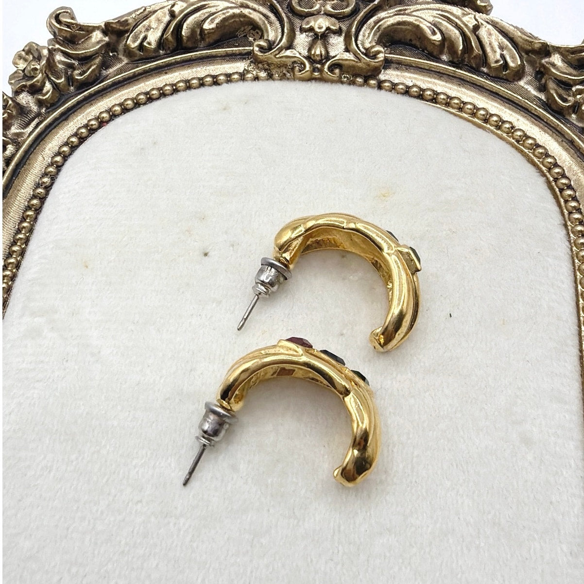 Gold Tone Retro Half Hoop Earrings and Colorful Rhinestones