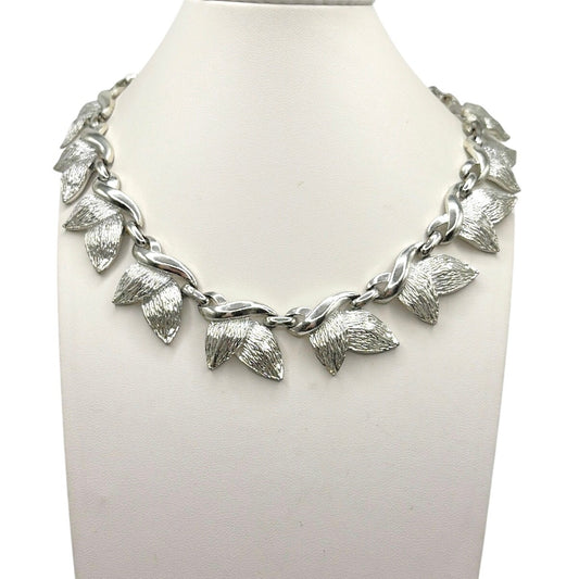 Vintage H&S Signed Silver Tone Leaves Necklace 18”
