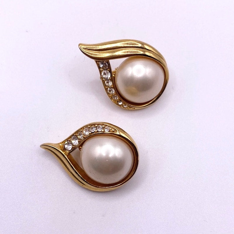 Trifari Clip On Earrings Faux Pearl Gold Tone