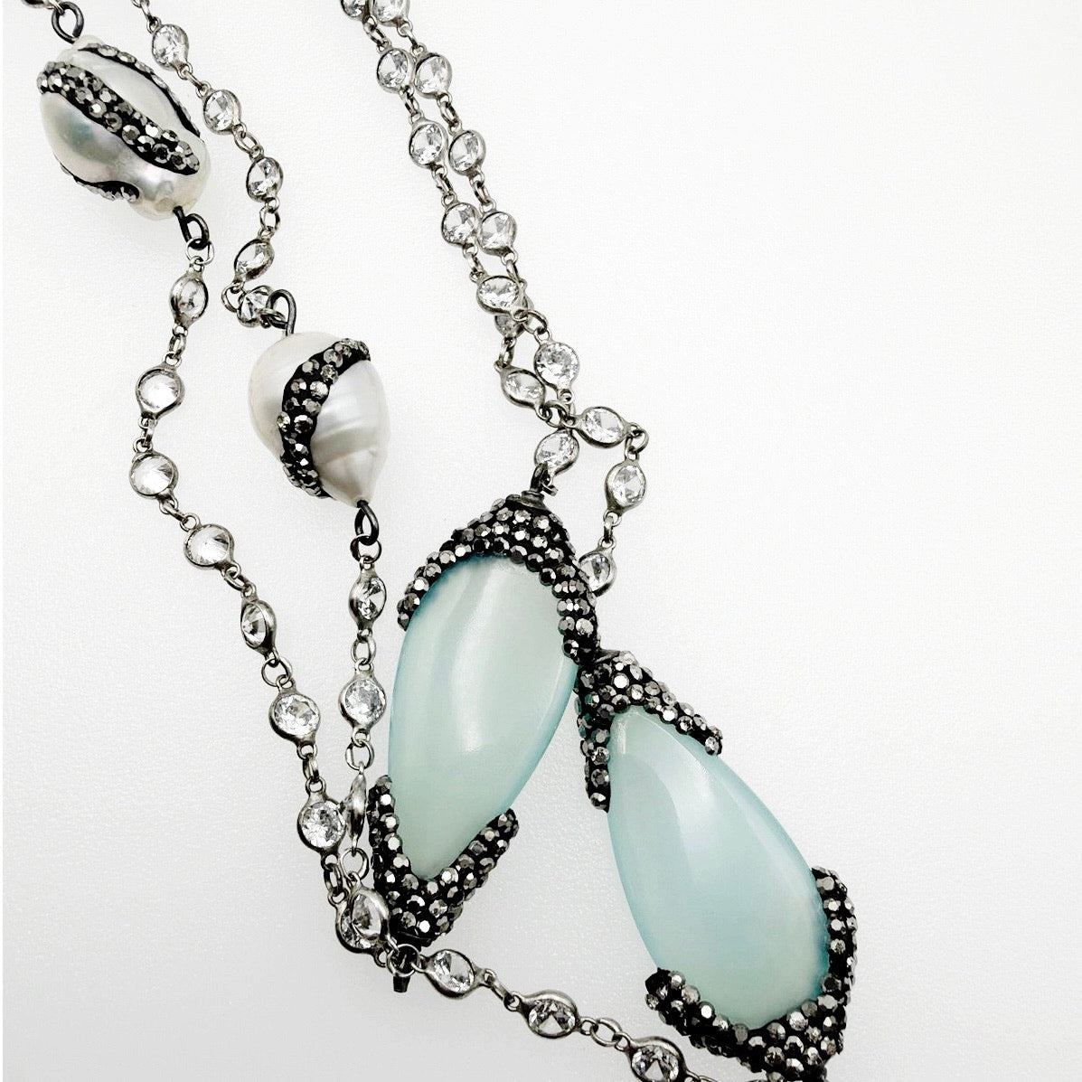 Sterling Silver Necklace Chalcedony Charms and Fresh Water Pearls 40”