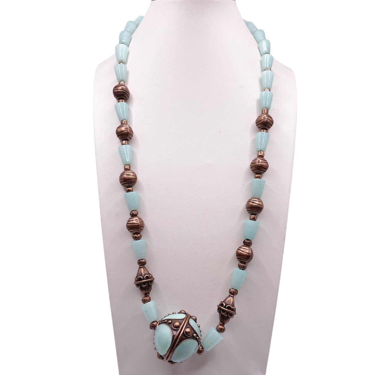 Vntg Handmade Amazonite Gemstones Necklace 18”with Enamel Pendant and Earrings