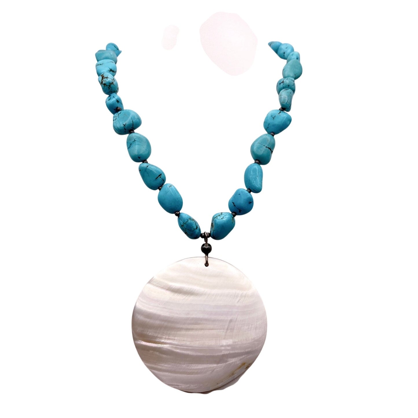 Turquoise and Sterling Silver Vintage 16" Necklace with Large Shell Pendant 2"