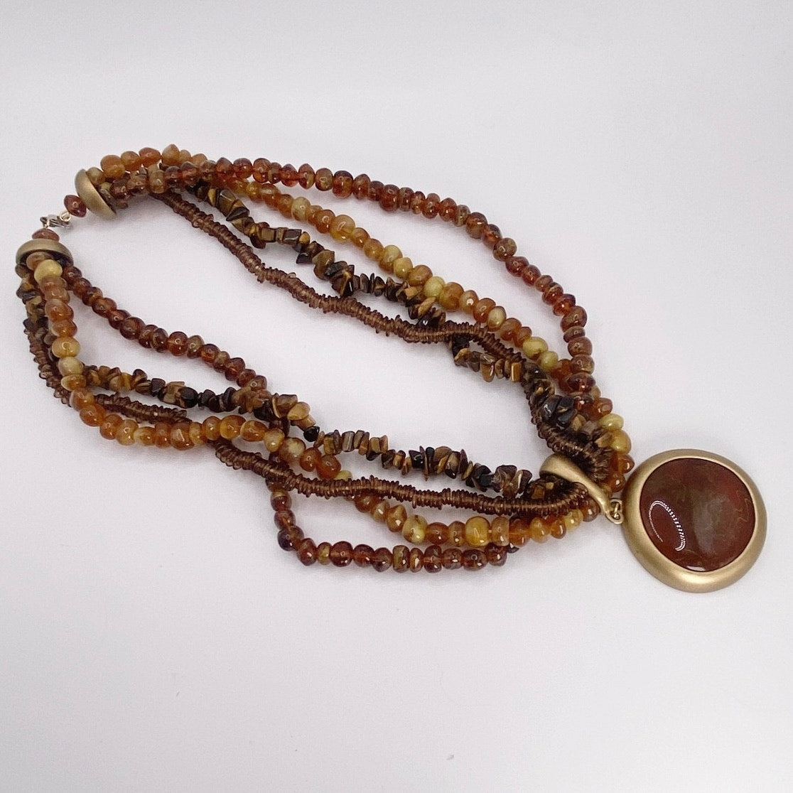 Vintage Amber Tone Lucite MultiStrand Necklace with Cabochon Pendant