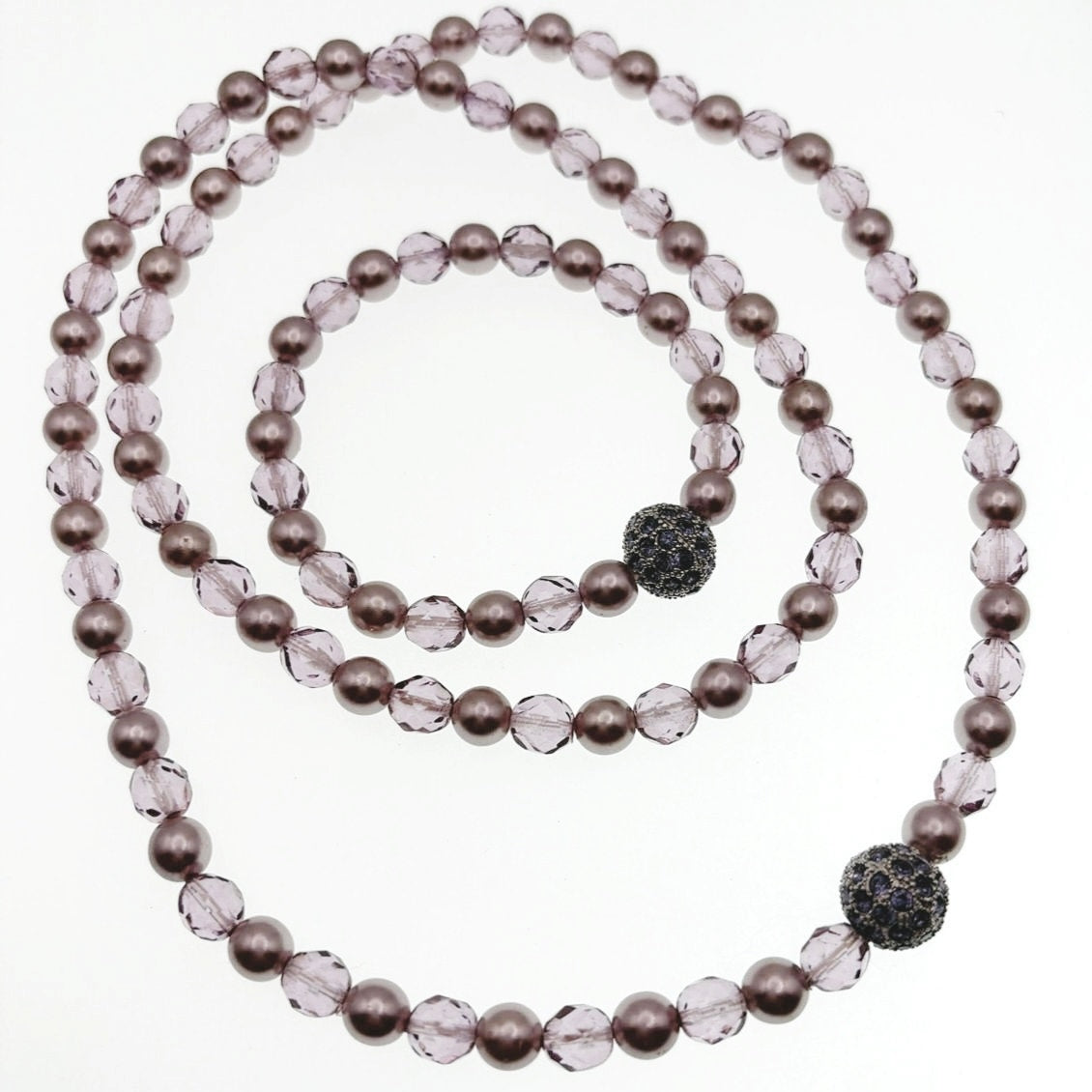 Joan Rivers Faux Pearls and lucite beads Stretchy Necklace 30” and Bracelet 7”