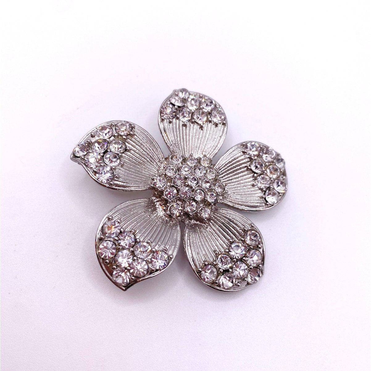 Vintage Silver Tone Brooch Flower With Rhinestones 2”