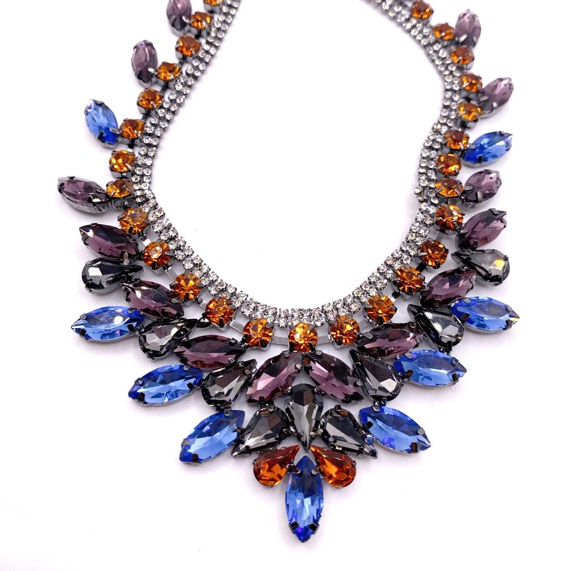 Full Rhinestones Statement Necklace Gunmetal Tone and Blue Orange Purple 18”