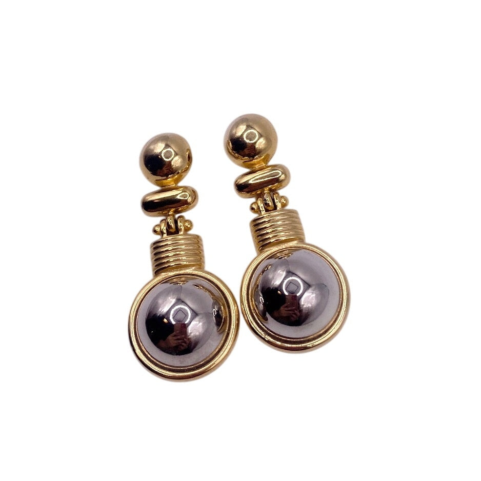 Two Tone Vintage Clip on Dangling Earrings 2” Modernist Designs