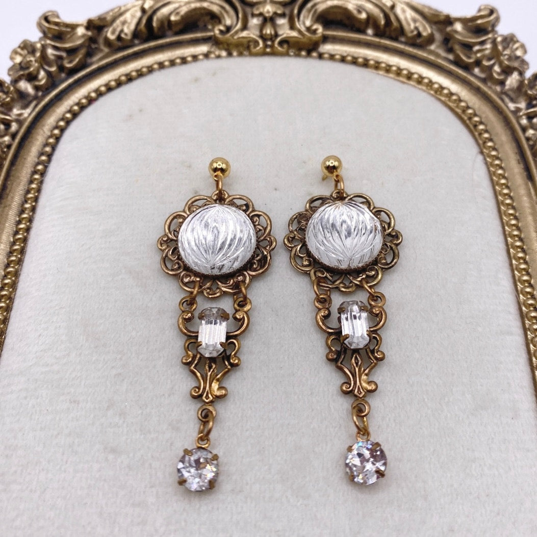 Vntg Dangling Earrings Filigree Brass with White Rhinestones and Glass Stones