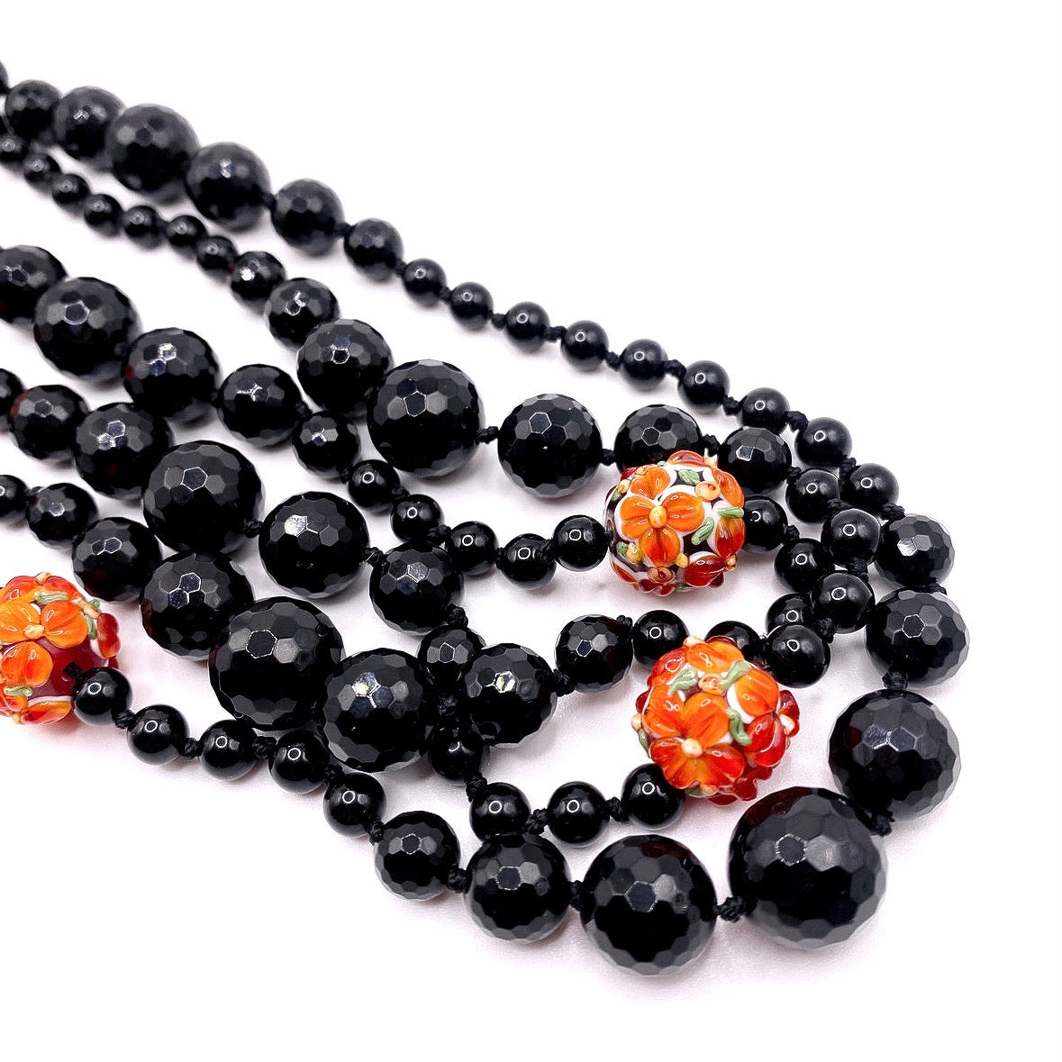 Black Opera Necklace Extra Long 66” Knotted Onyx and Murano Glass Millefiori Orange Beads