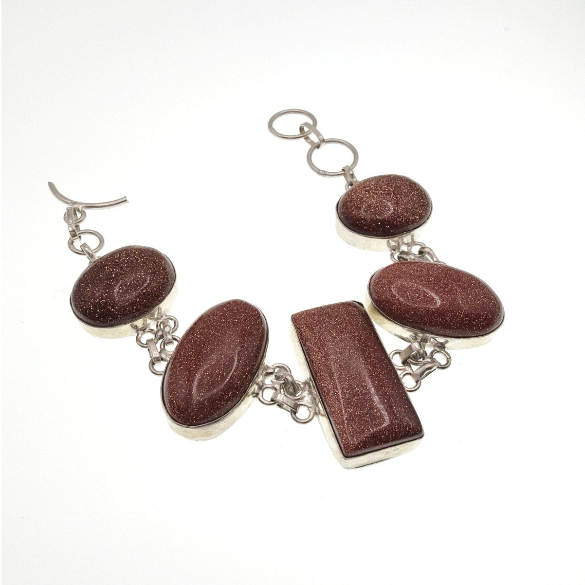 Sterling Silver And Aventurine Sunstone Cabochons Size 7.5” Bracelet