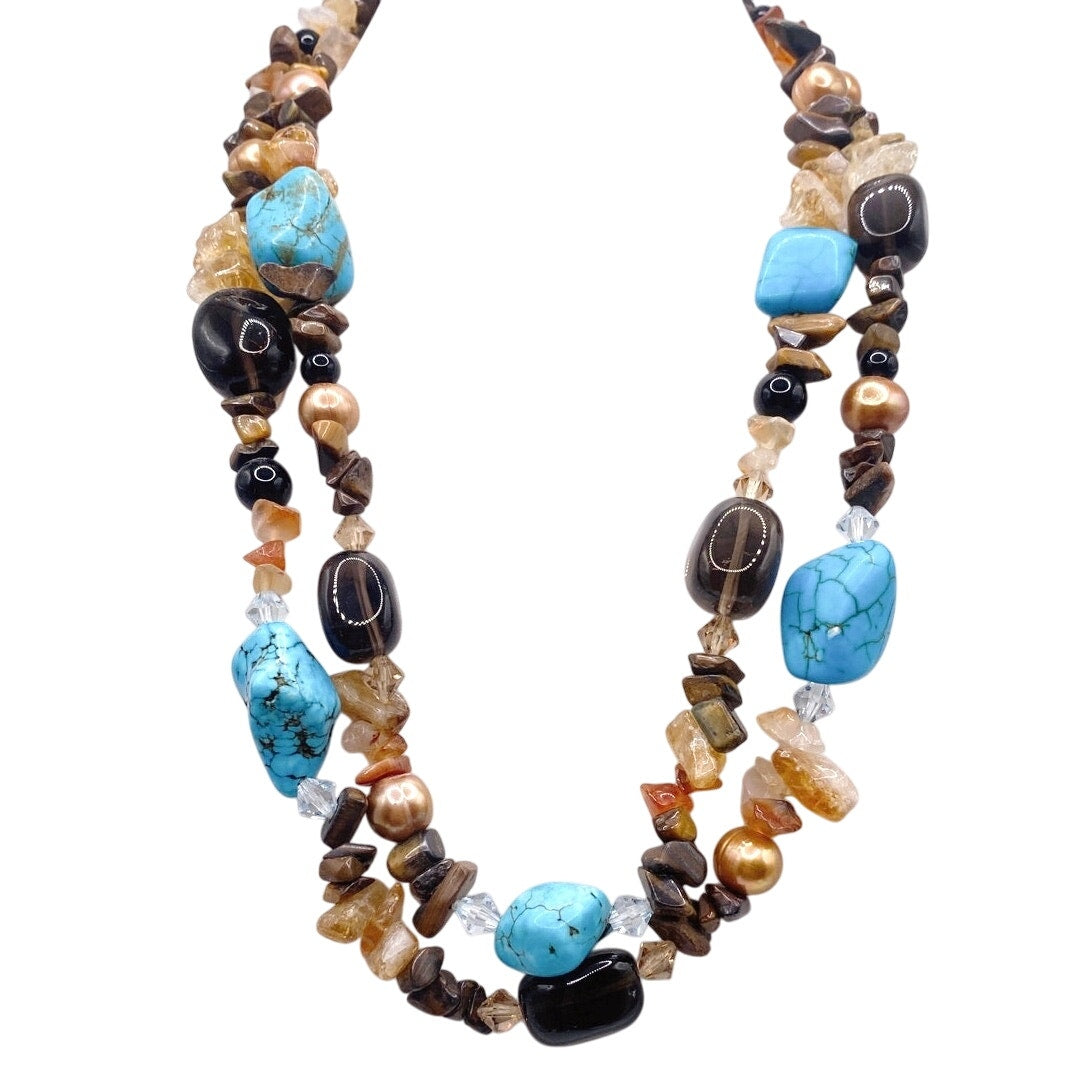 Gemstones Vintage Necklace Turquoise Smoky Quartz and Citrine Double Strand 17”