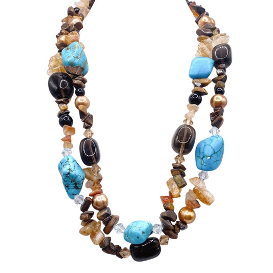 Gemstones Vintage Necklace Turquoise Smoky Quartz and Citrine Double Strand 17”