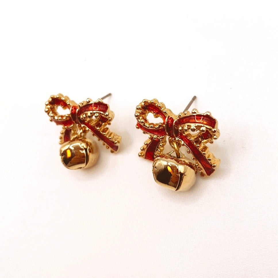 Vintage Red Enamel Bow Earrings with Dangling Bell