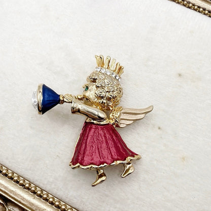 Rhinestones and Enamel Angel with Trumpet Brooch