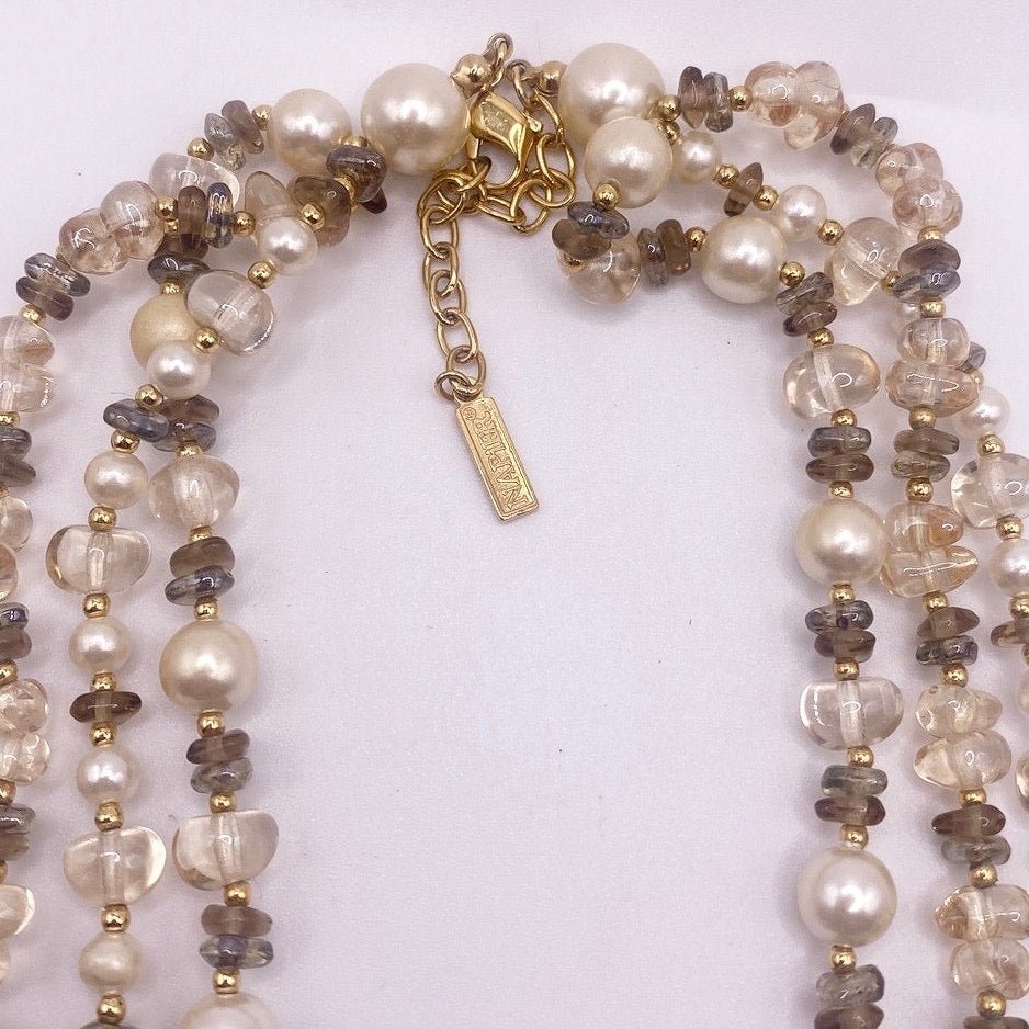 Napier Signed Three Strands Necklace Faux Pearls and Quartz Beads