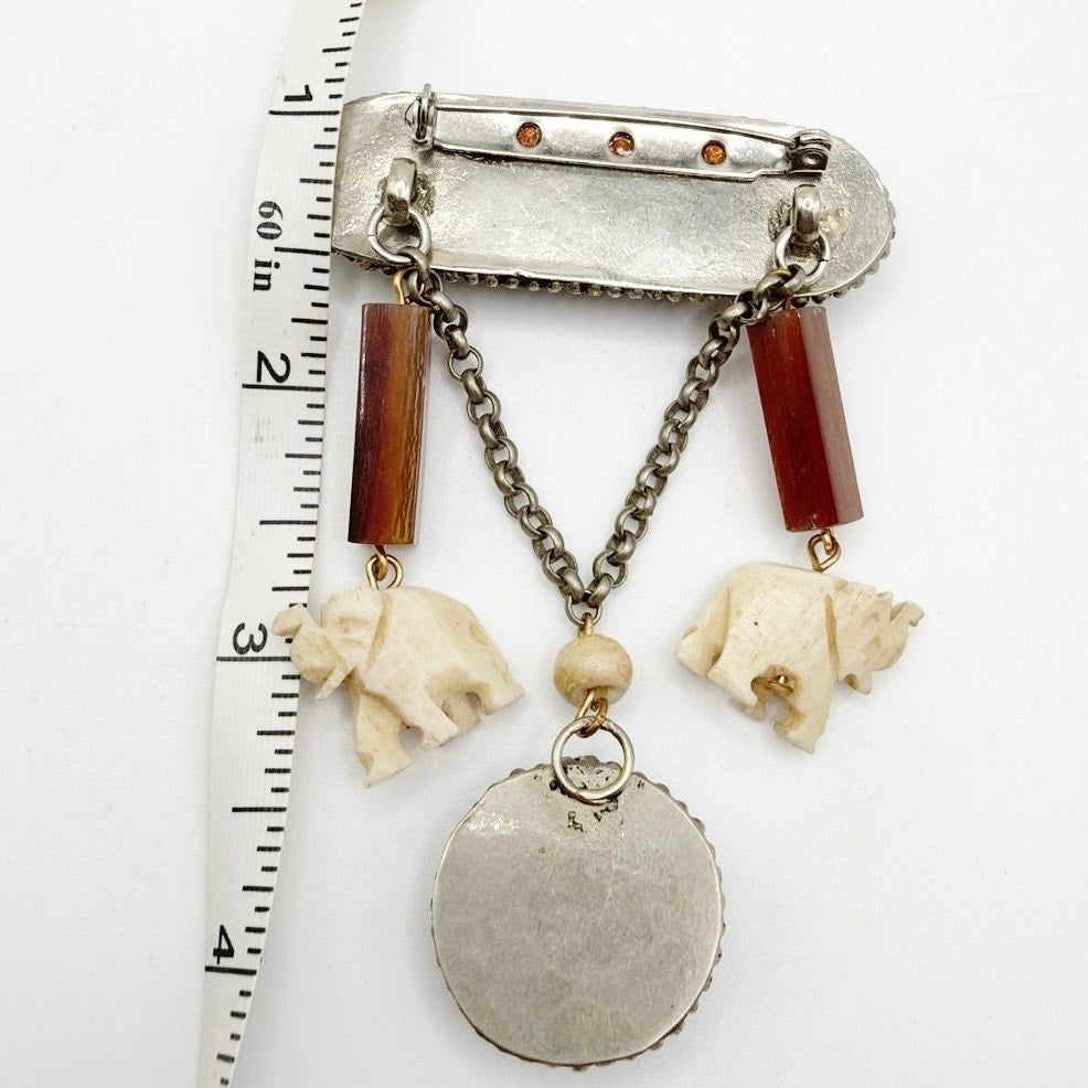 Vintage Silver Tone Metal Carved Animals on Large Bar Pin Brooch