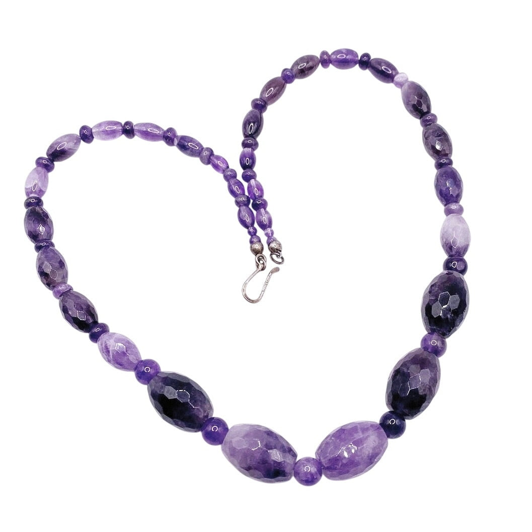 Desert Rose Trading Signed Faceted Amethyst Barrel Beads Necklace and Sterling Silver