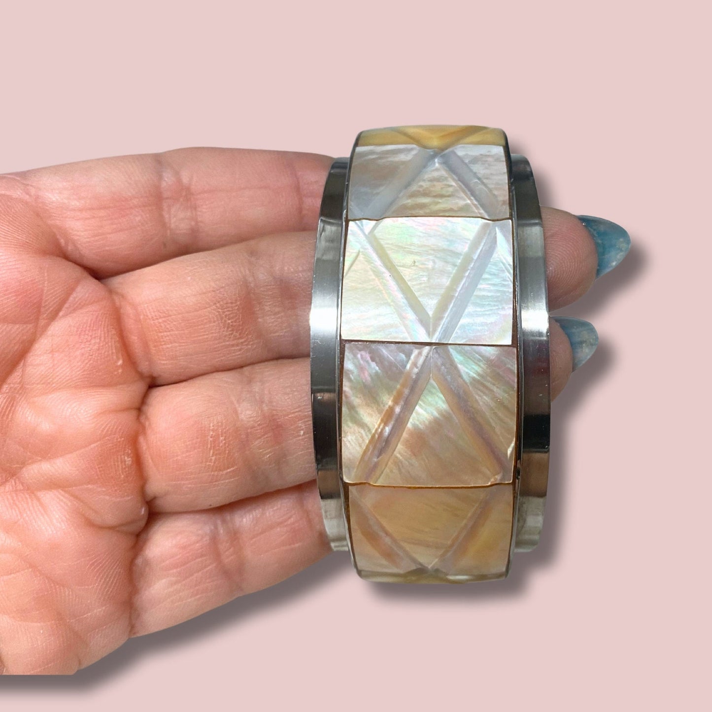 Vtg Mother of Pearl Carved Cuff Bracelet