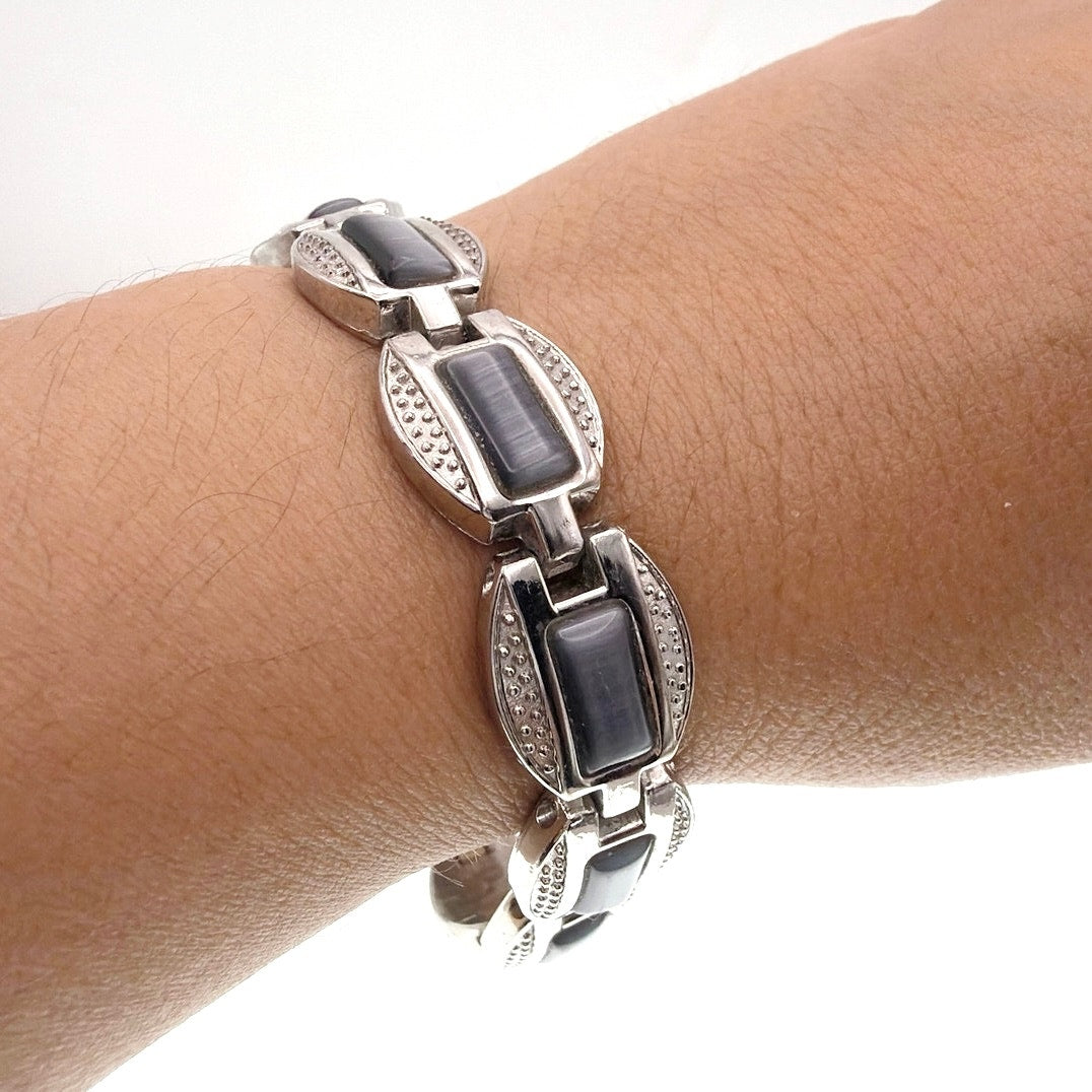 Vintage Silver Tone and Blue lace Retro Panel Bracelet 7"