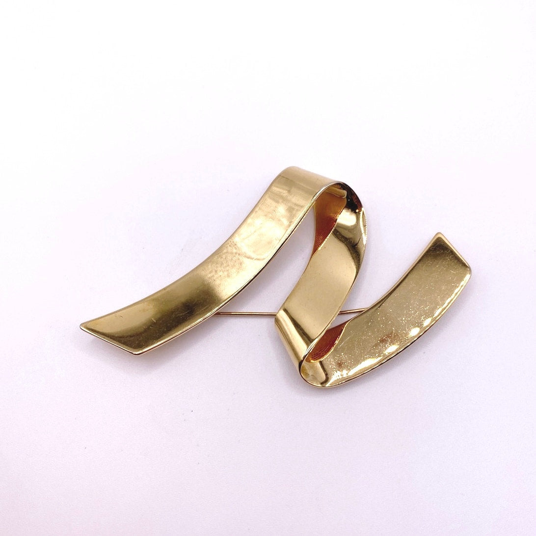 Monet Vintage Large Brooch Gold Tone Ribbon 4” long