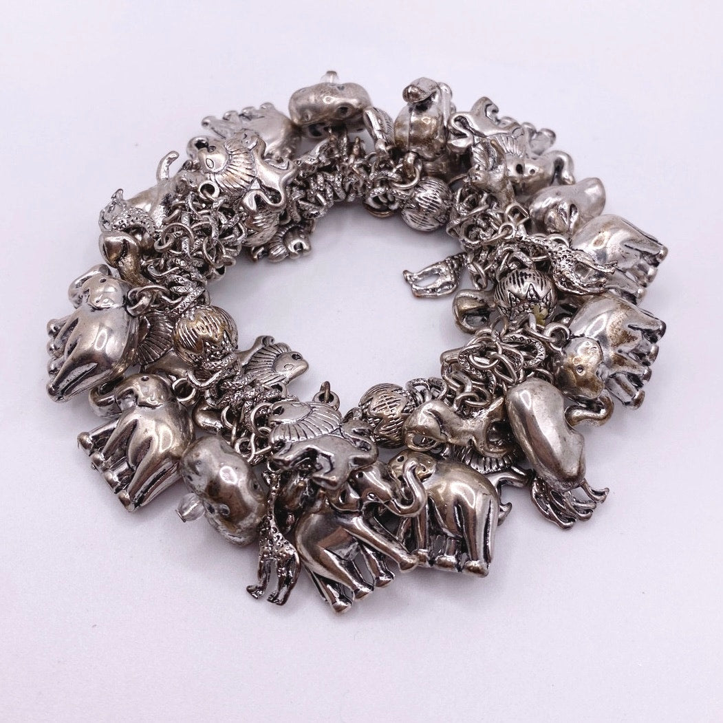 Safari African Animal Charms Stretchy Bracelet Silver Tone Size 7