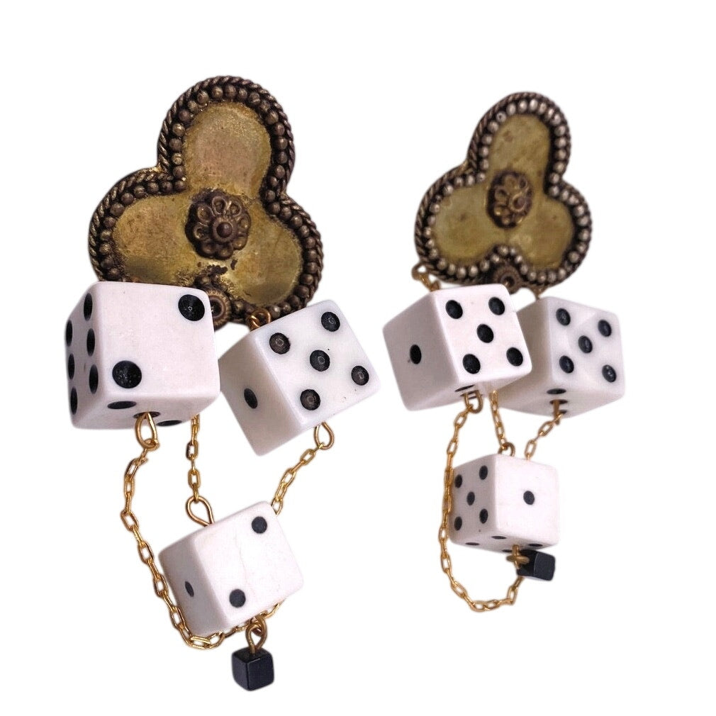 Vintage Brass and Resin Dice Handmade Statement Clip On Earrings 80s Style