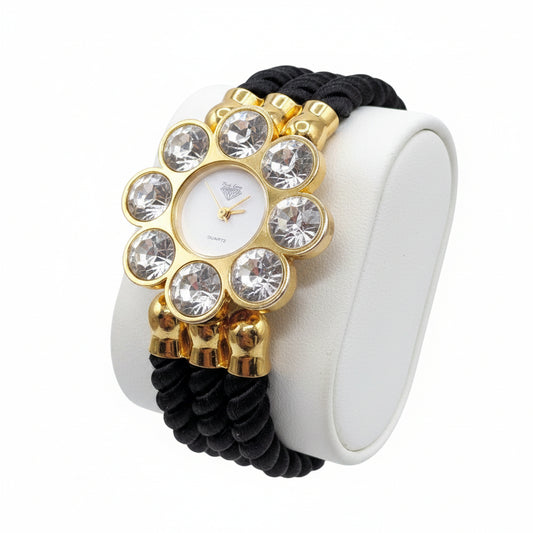 Park Lane Vintage Flower Woman Watch With Sparkly Crystals and Fabric Cords 7”