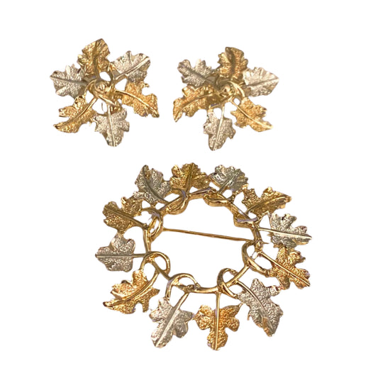 Sarah Coventry Golden Silver Leaves  Brooch and Earrings Set