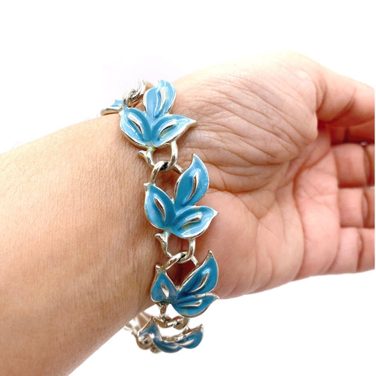 Coro Vintage Blue Enamel Leaves Bracelet Silver Tone 7”
