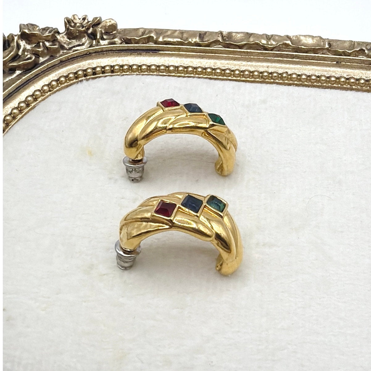 Gold Tone Retro Half Hoop Earrings and Colorful Rhinestones