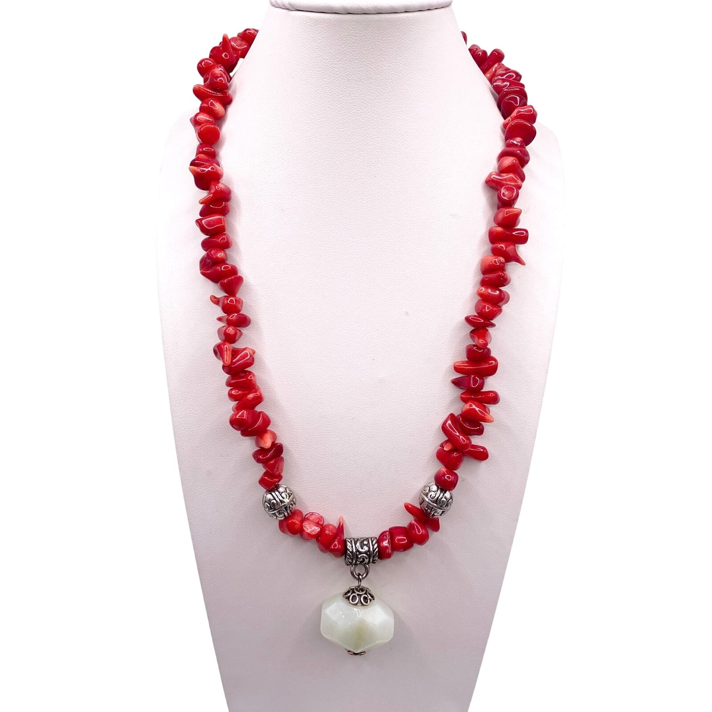 Red Coral Beaded Necklace with Green Lace Jade Pendant 16” Long