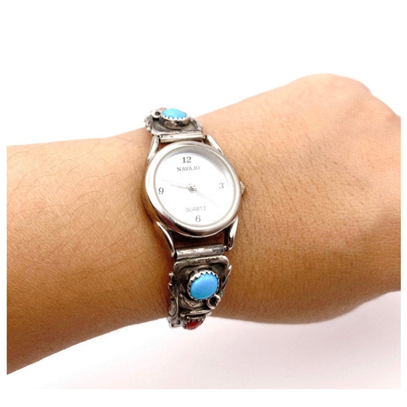 Navajo Sterling Silver Watch Stretchy Wrist Bracelet With Turquoise and Coral