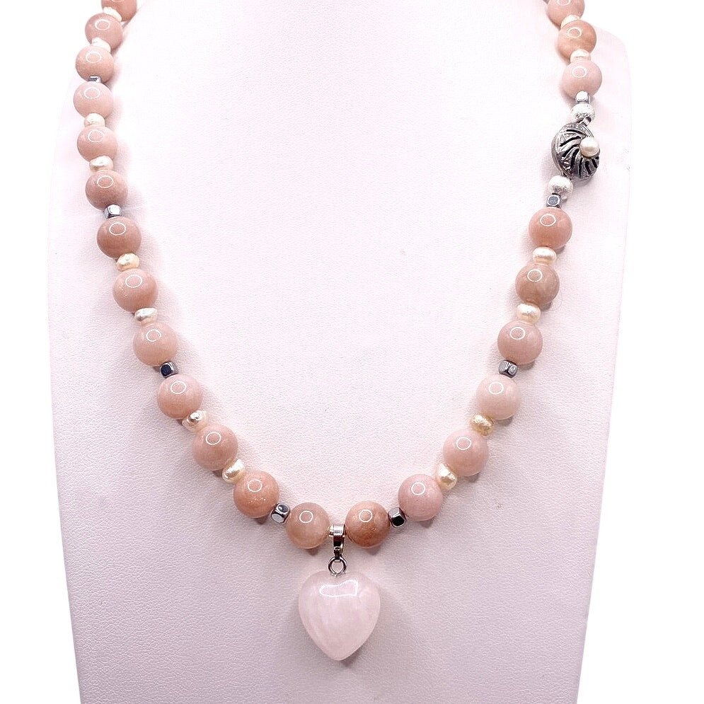 Rose Quartz Heart Sunstone and freshwater Pearls, Hematite Beads Necklace 16”