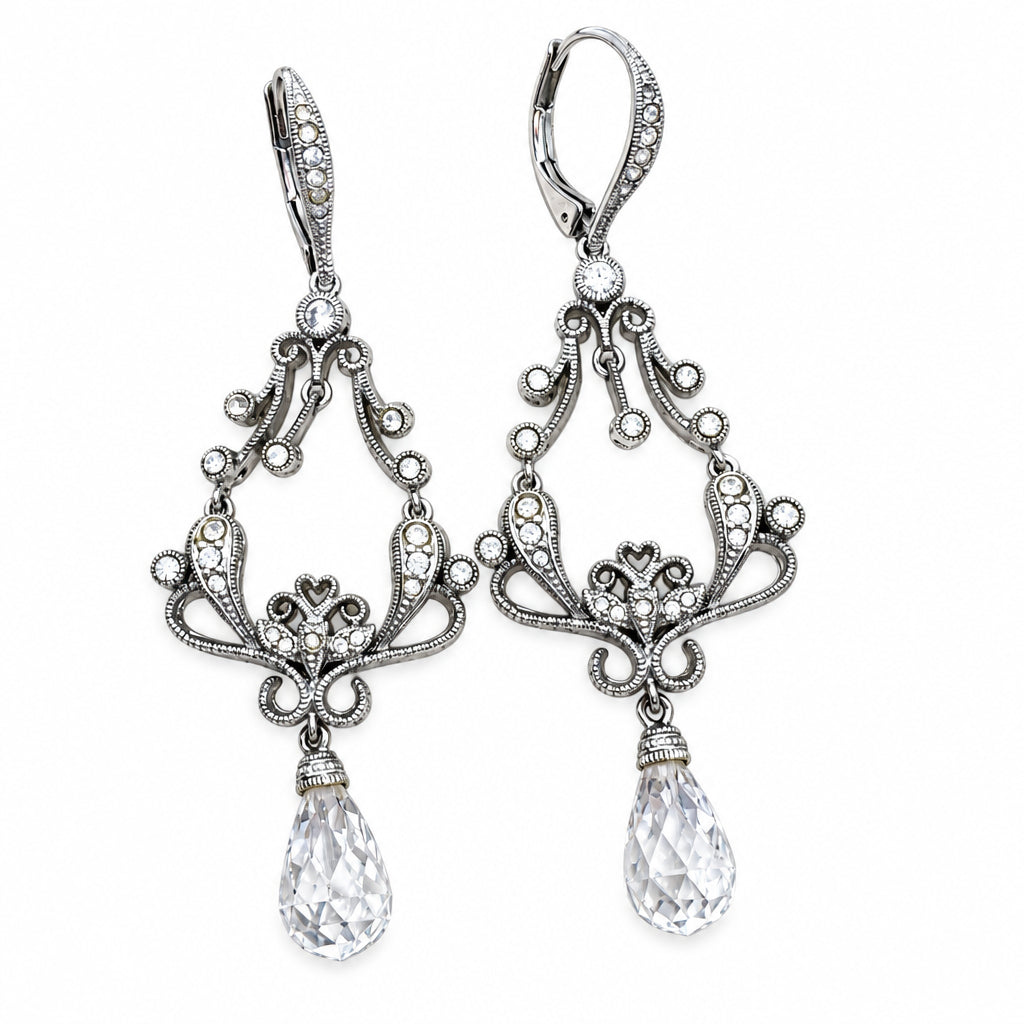 Vintage Drop Silver Tone and Crystals Earrings