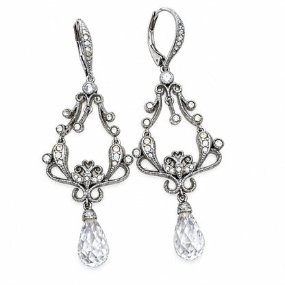 Vintage Drop Silver Tone and Crystals Earrings