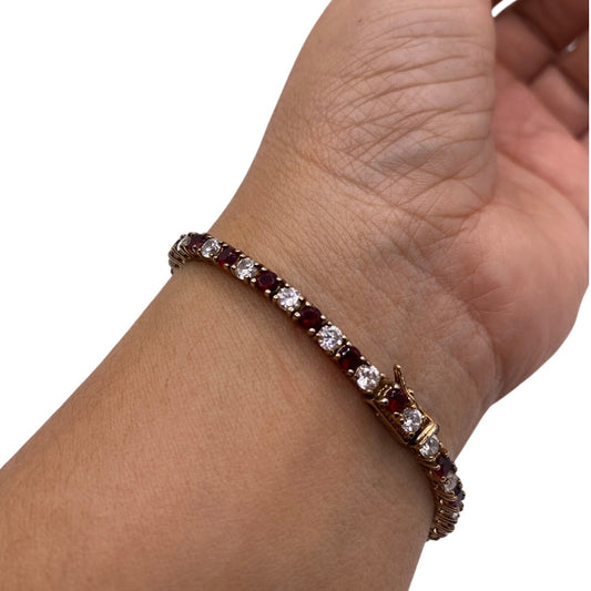 Vintage Sterling Silver Gold Vermeil 925 Bracelet Red and White CZ 3mm Size 7”