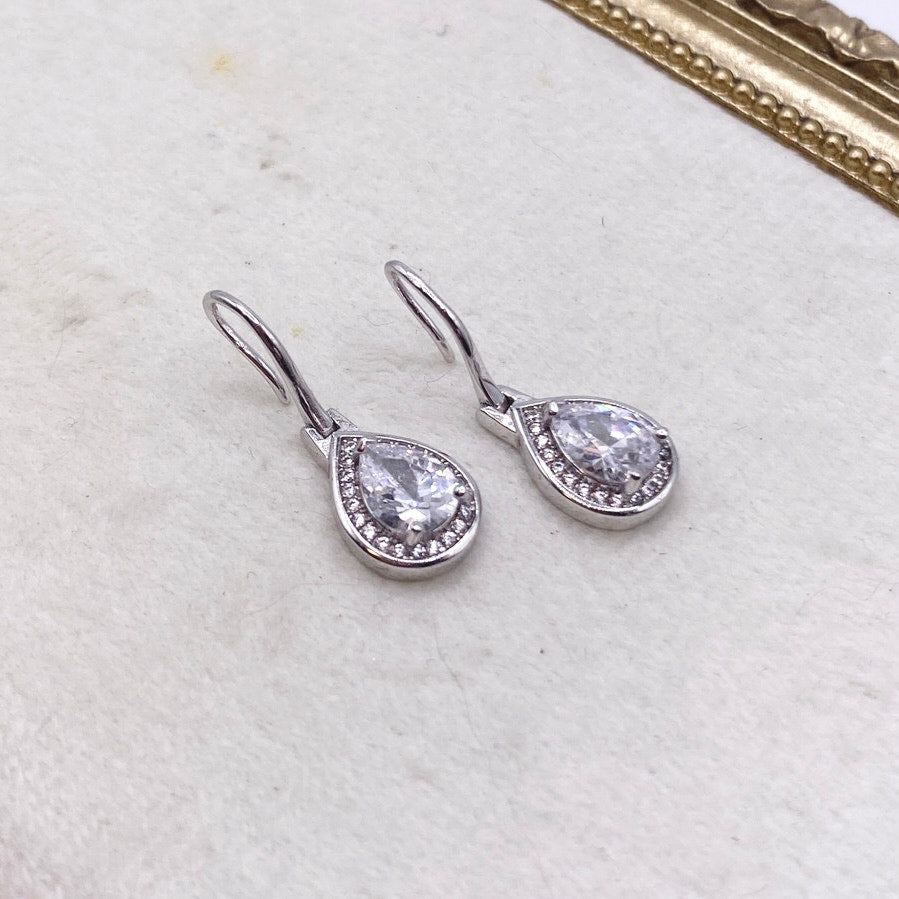 Sterling Silver Earrings with Dangling White Cubic Zirconia Tear Drop 1cm