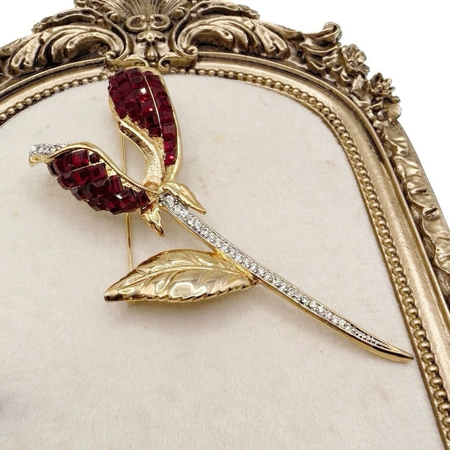 Vintage Flower Square Red Rhinestones Gold Tone 3.5”