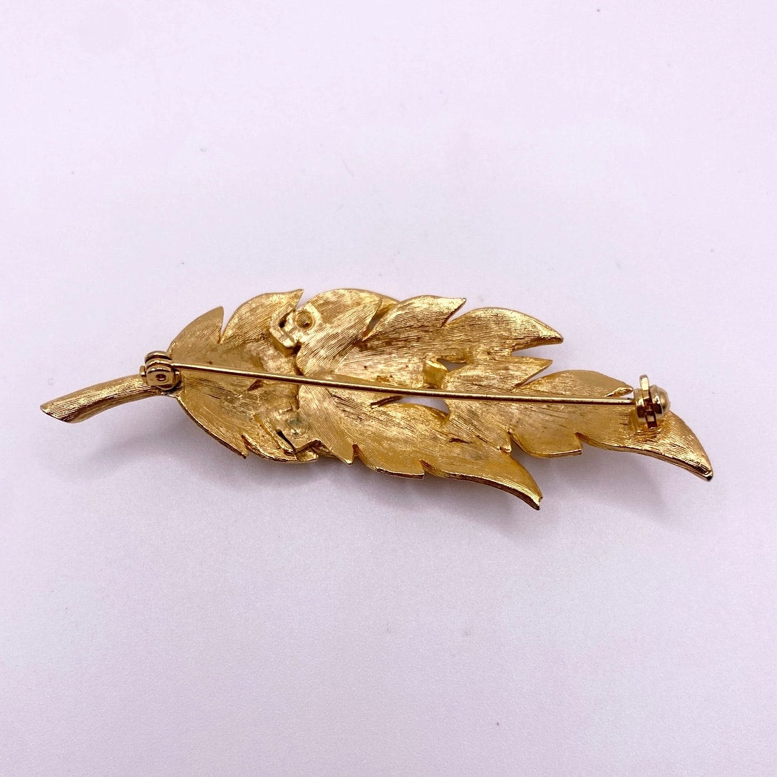 Vintage Mid Century Gold Tone Leaf Brooch 3”