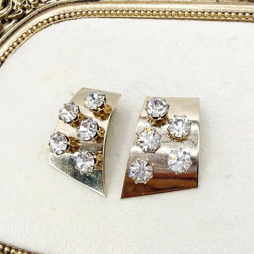 Gold Tone Geometric Vintage Clip On Earrings With Rhinestones 1.3”